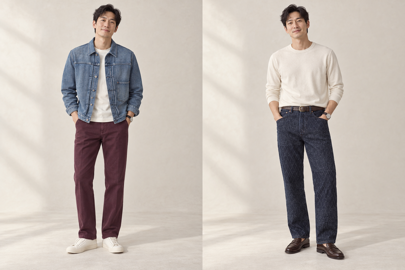블루 데님 재킷과 버건디 팬츠에 흰 티셔츠와 스니커즈를 매치한 가상 남성