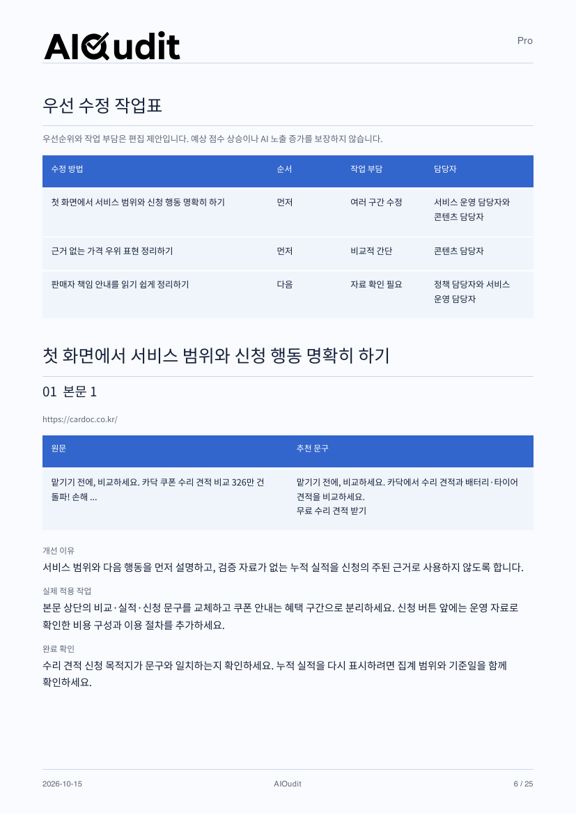 AIOudit 샘플 보고서의 수정 작업과 문구 페이지